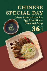 Crispy aromatic duck with egg fried rice and seaweed soup